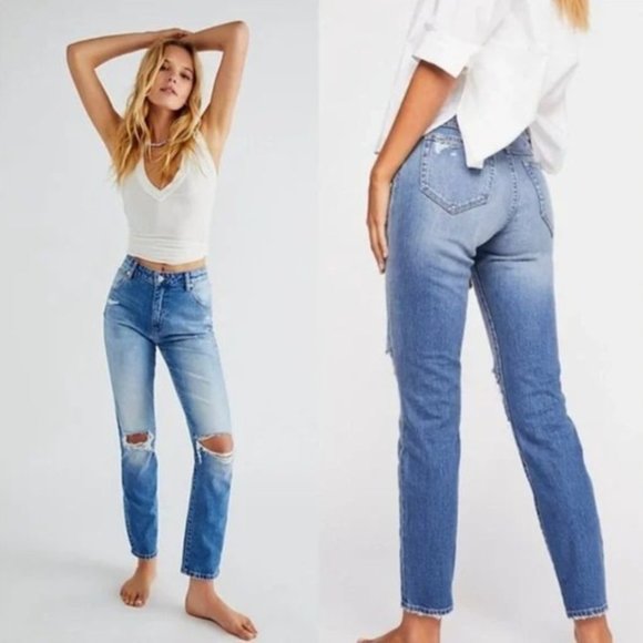 ROLLA'S Denim - ROLLA'S Miller Mid-High Rise Distressed Slim Straight Leg Jeans Blue 24